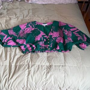 Tropical Print Cropped Button-Front Top - Green/Pink